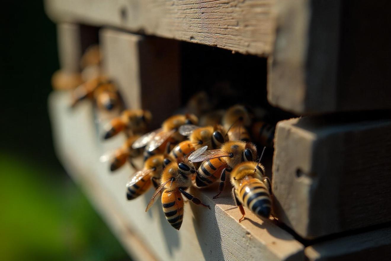 Api davanti all’arnia in estate – esempio di termoregolazione alveare